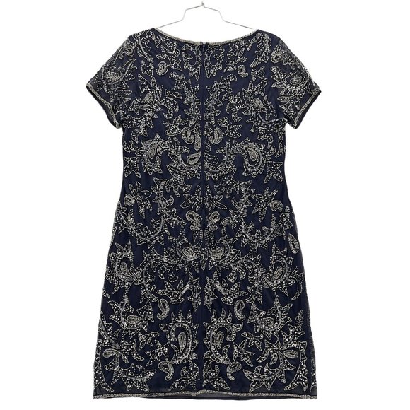 PISARRO NIGHTS Navy Beaded Mesh Cocktail Dress Size 14 NWT Flaw D-2309 0014 - Picture 4 of 12